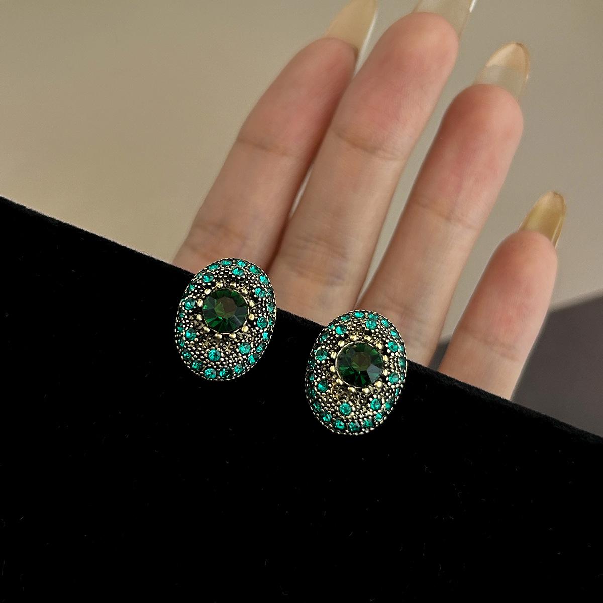 Silver Needle Korean Street Style Vintage Emerald Earrings with Diamond Accent - Trendy Luxury Fashion for Women