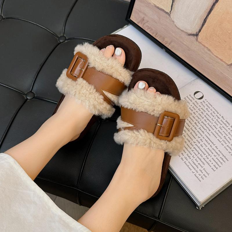 

Меховые балетки женские тапочки модная платформа короткие плюшевые пряжки зимняя обувь 2025 тренд дизайнерские прогулочные домашние туфли женские 37 коричневый