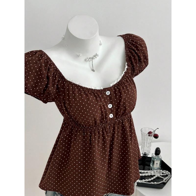 Women Casual Fashion Polka Dot U Neck Waist Cinched Short Sleeve T Shirt