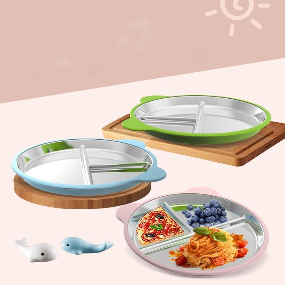 Bear Shape Suction Cup Dining Plate 304 Stainless Steel 3 Grids Kids Feeding Plate Drop-proof Anti-flip Sucker Children Dishes