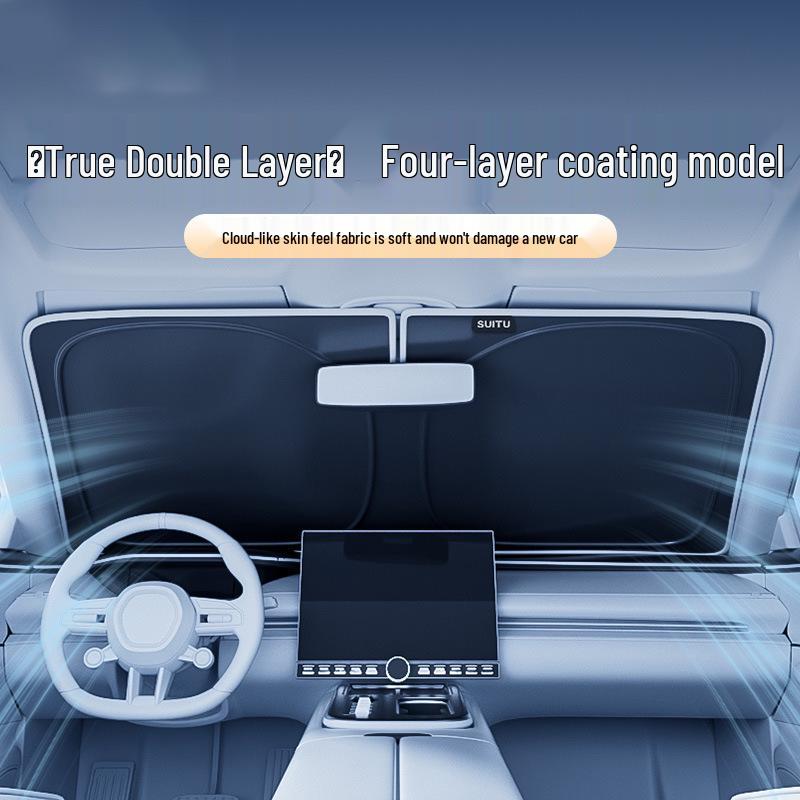 All-Season Universal Double-Layer Titanium Silver Car Sunshade with Heat Insulation & Sun Protection