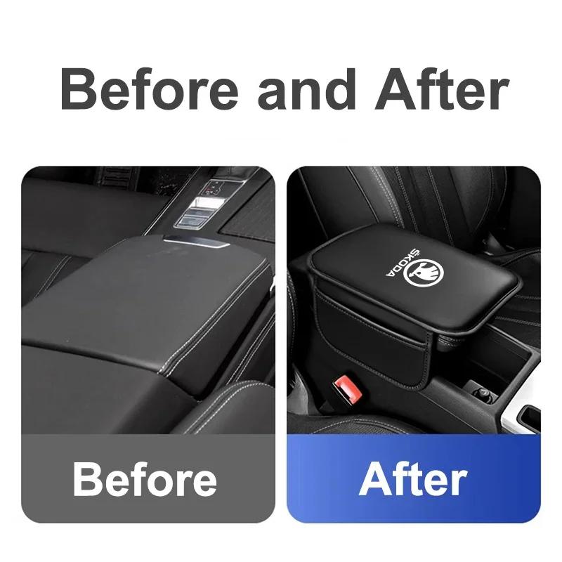 HQKI8 Car Styling Seat Armrest Box Protector Cushion Storage Box Cover Pad For Skoda Octavia Rapid Kodiaq Karoq Kamiq Superb Fabia