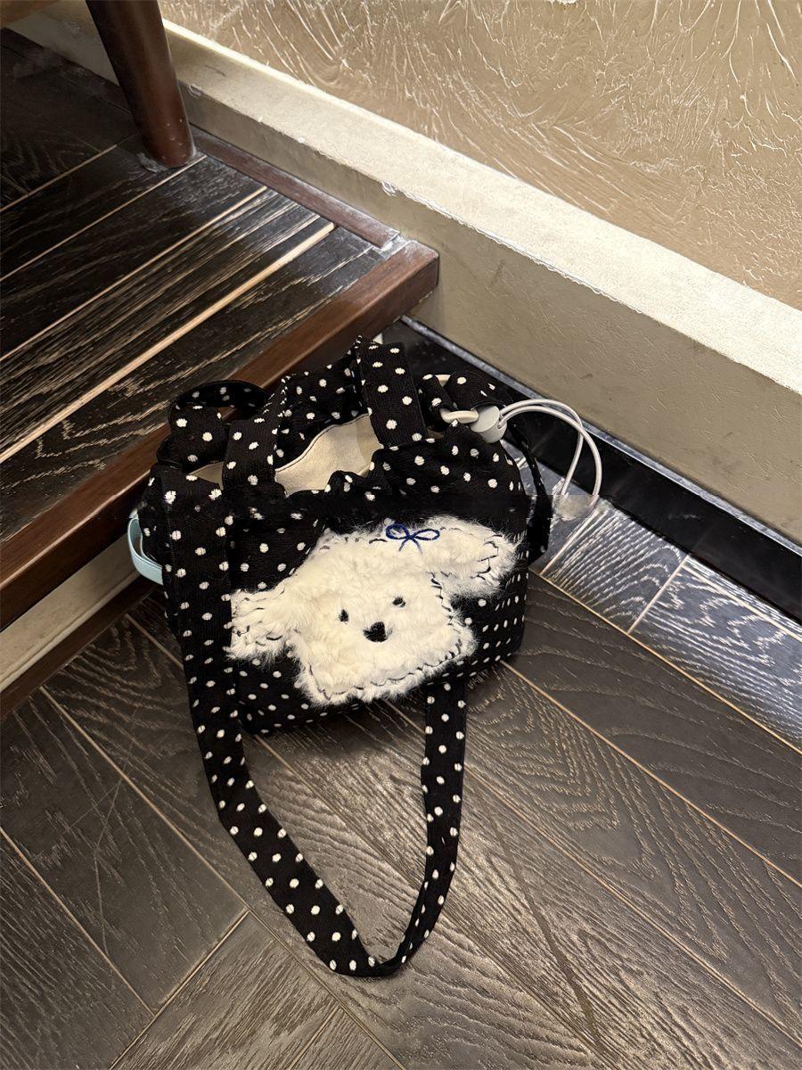

Korean Cute Black Polka Dot Puppy Crossbody Bag Women Cartoon Canvas Handbag Ladies Harajuku Sweet Large Capacity Shoulder Bags 20x19cm чорний