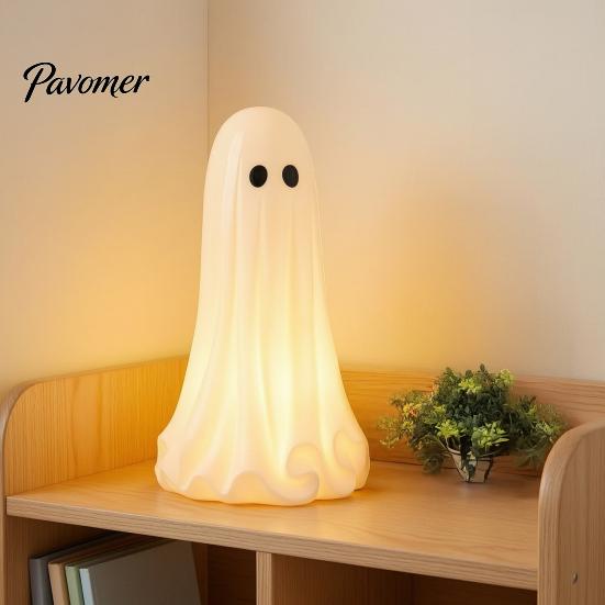 Decorative PLA Sculpture Light Up Ghost Halloween Lamp, 3D Printed LED Figurine, Holiday Gift for Kids Glowing Tabletop Decoration Mantel, Shelf,