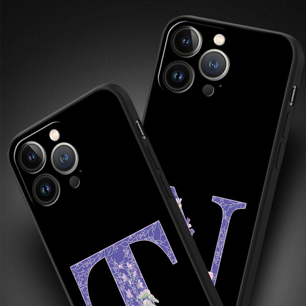 Letters Purple Flower Phone Case For iPhone 17 16 15 Pro Max 11 12 13 14 7 8 Plus SE 2020 X XR XS Cover Soft Black
