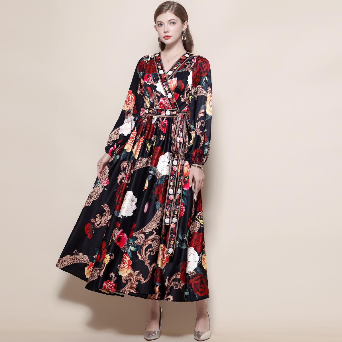 

Богемное длинное платье с цветочным принтом для женщин, модное, с V-образным вырезом, длинным рукавом, свободное, макси. Женское 2026, шикарное платье для отпуска, халаты S