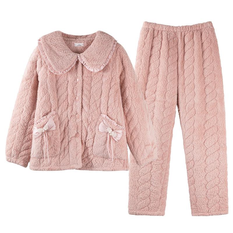 Coral Fleece Three-Layer Padded Pajamas Women'S Autumn And Winter Thickened Warm Padded Jacket Loungewear Set