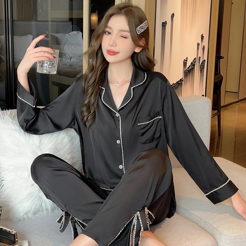 Pajamas women's spring and autumn ice silk long-sleeved cardigan two-piece set solid color high-end loungewear set autumn can wear 1119