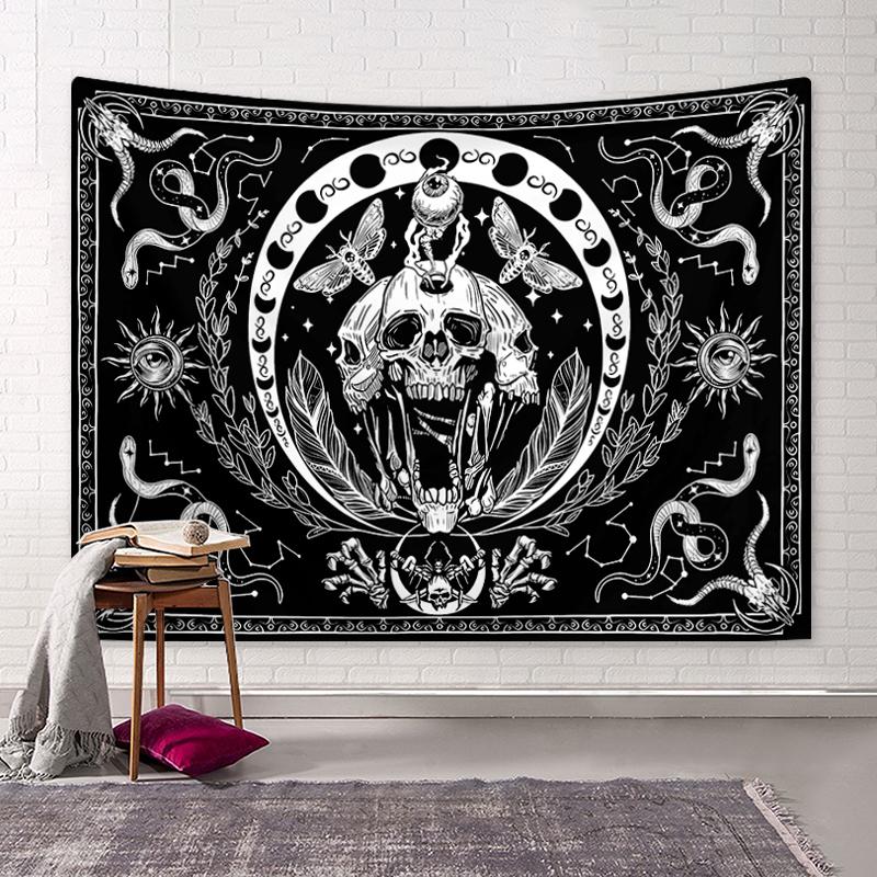 1pc Black and white skull tapestry moth tapestry tarot card sun moon constellation tapestry Halloween horror tapestry 74x94cm(29x37in)