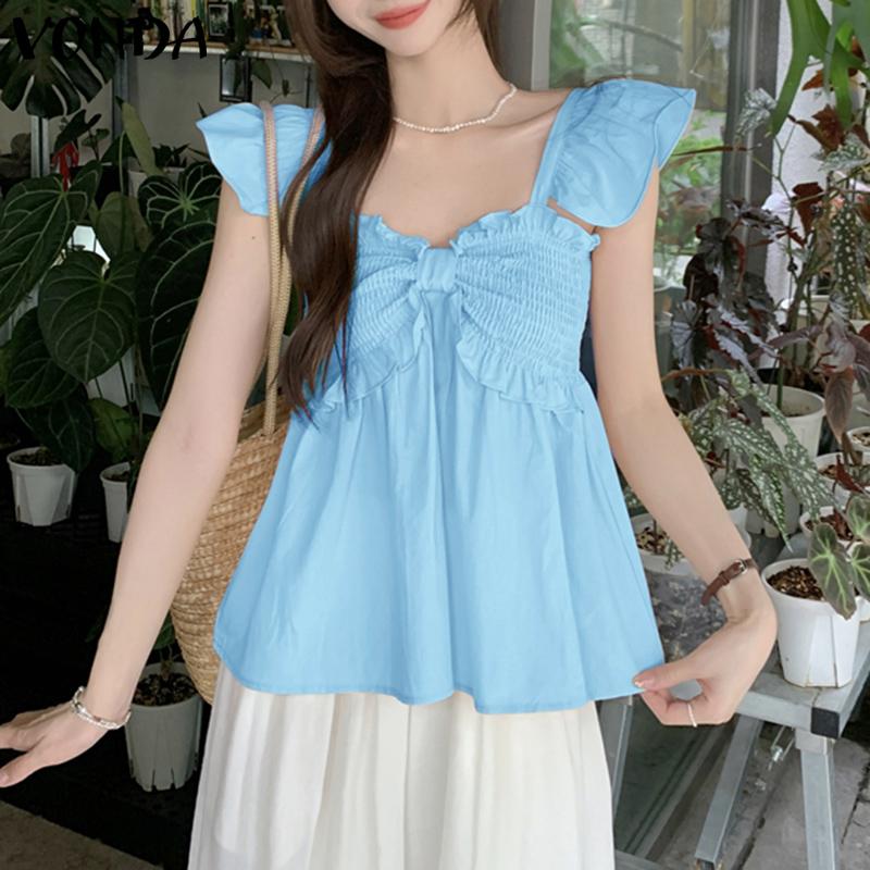 

VONDA Женские летние топы без рукавов с оборками, бантом, нерегулярные, повседневные, эластичные майки 4XL