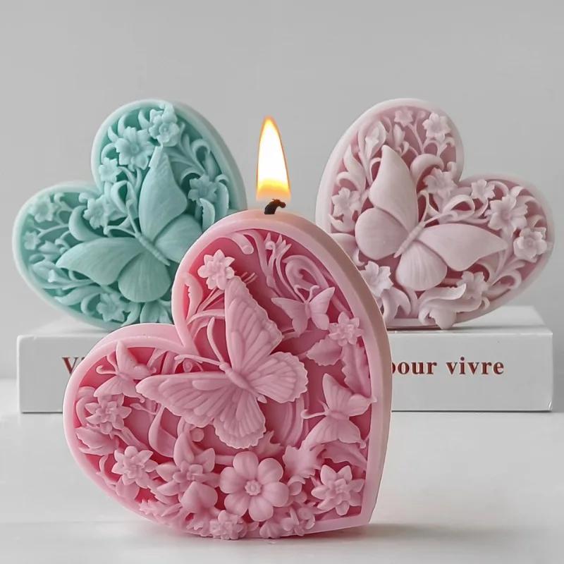 Flower Butterfly Candle Silicone Mold 3D Heart Butterfly Craft Soap Resin Cement Mold DIY Chocolate Cake Baking Tool Home Gift