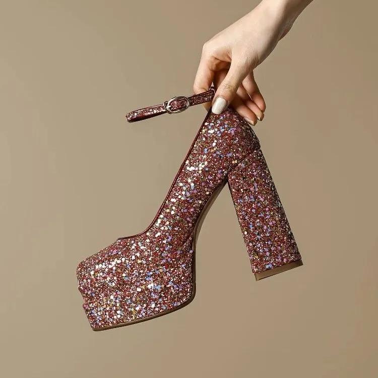 Glitter Sequins Sparkle Golden Silver Closed Toe Women Pumps for Wedding Party Block High Heels Platform Stilettoes