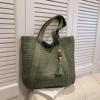 Bolsa de ombro feminina de verão, bolsa de praia de palha feita à mão de grande capacidade, bolsa de viagem com borla, shopper tote