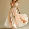  European and American Women's Clothing, Amazon, Independent Station V-neck, Short Sleeves, Flower Positioning Print, Dress Long Dress