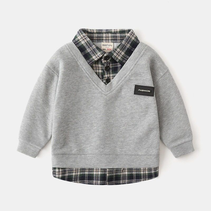 Kids False Two-Piece Sweaters Spring and Autumn K-style Boys' Shirt Patchwork Clothes Baby Boys' Lapel Gingham Shirt