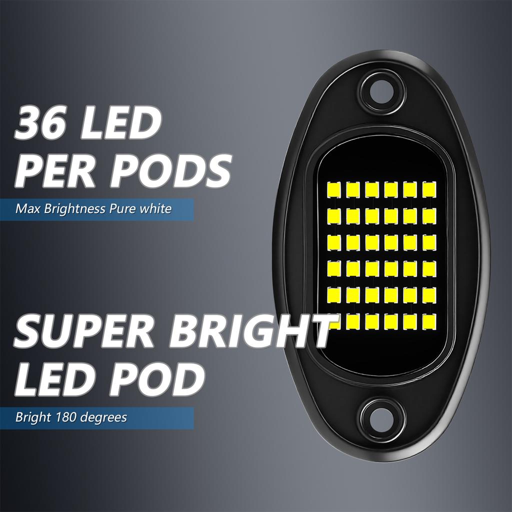 8 Pods Rock Lights, 36 LEDs Underglow Lights for Truck SUV UTV ATV Car Boat Motorcycle White Light