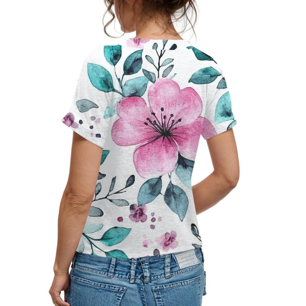 Moda Donna Top a Fiori Manica Corta Scollo a V Casual T-shirt con Bottoni Top