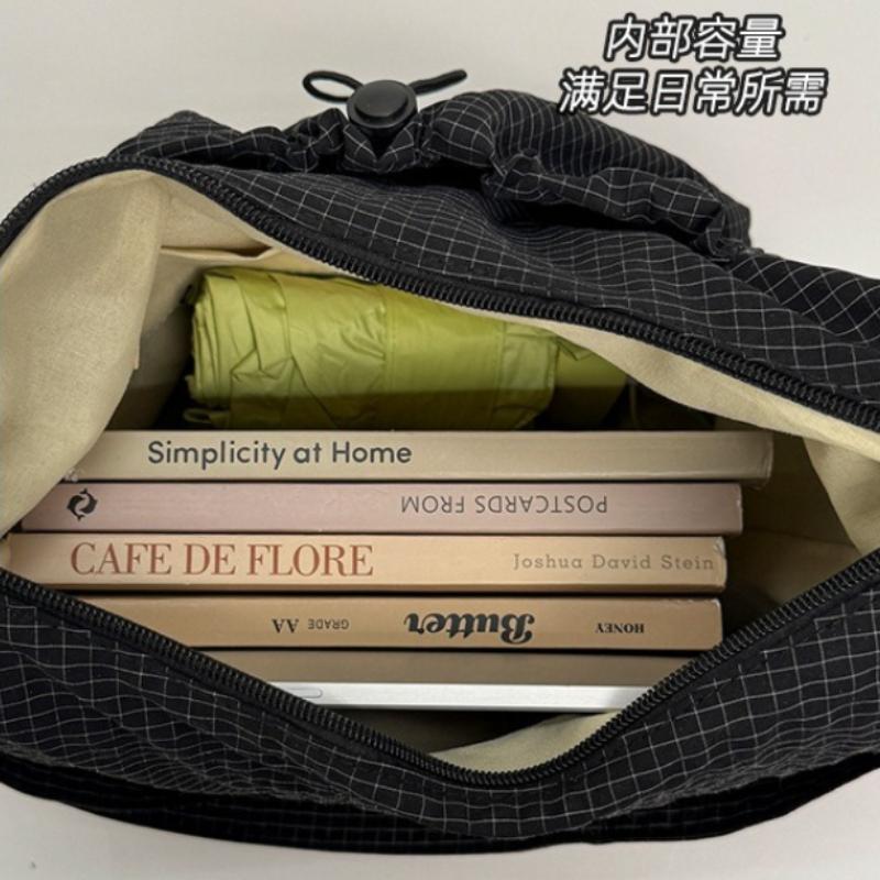 Korean Style Plaid Drawstring Cloud Shoulder Bags for Women Large Capacity Ladies Crossbody Bag Bow Multi-pocket Handbags Tote