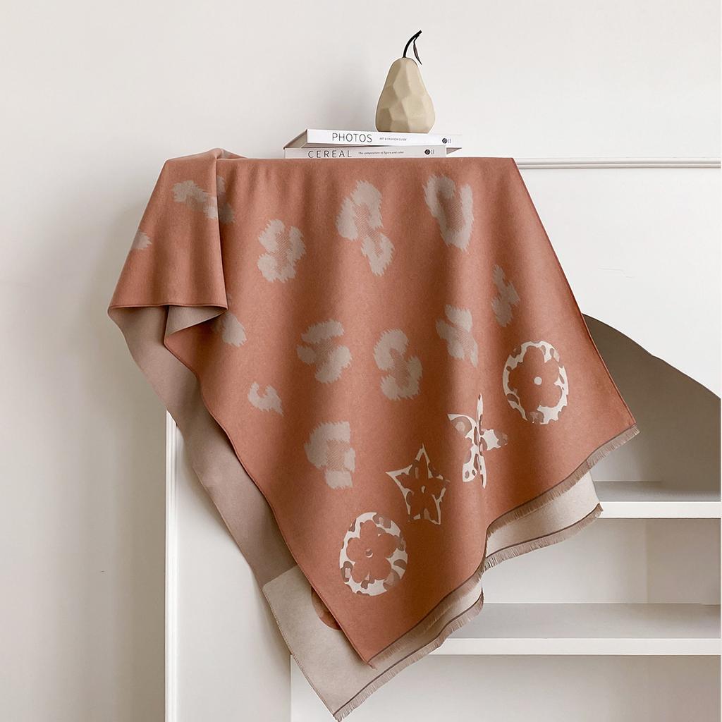 Women's Leopard Print Splicing Shape Fashionable Versatile Imitation Cashmere Warm Scarf Short Beard Fringed Shawl Women