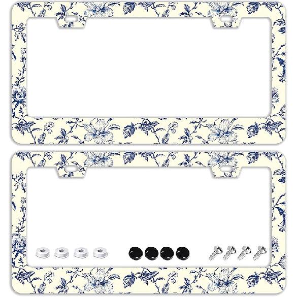 Mounta Cherry Blossom License Plate Frames - 2 Pcs Set 2 Holes Stainless Steel Metal Auto Car Accessories Decoration License Plate Frame Cover Size