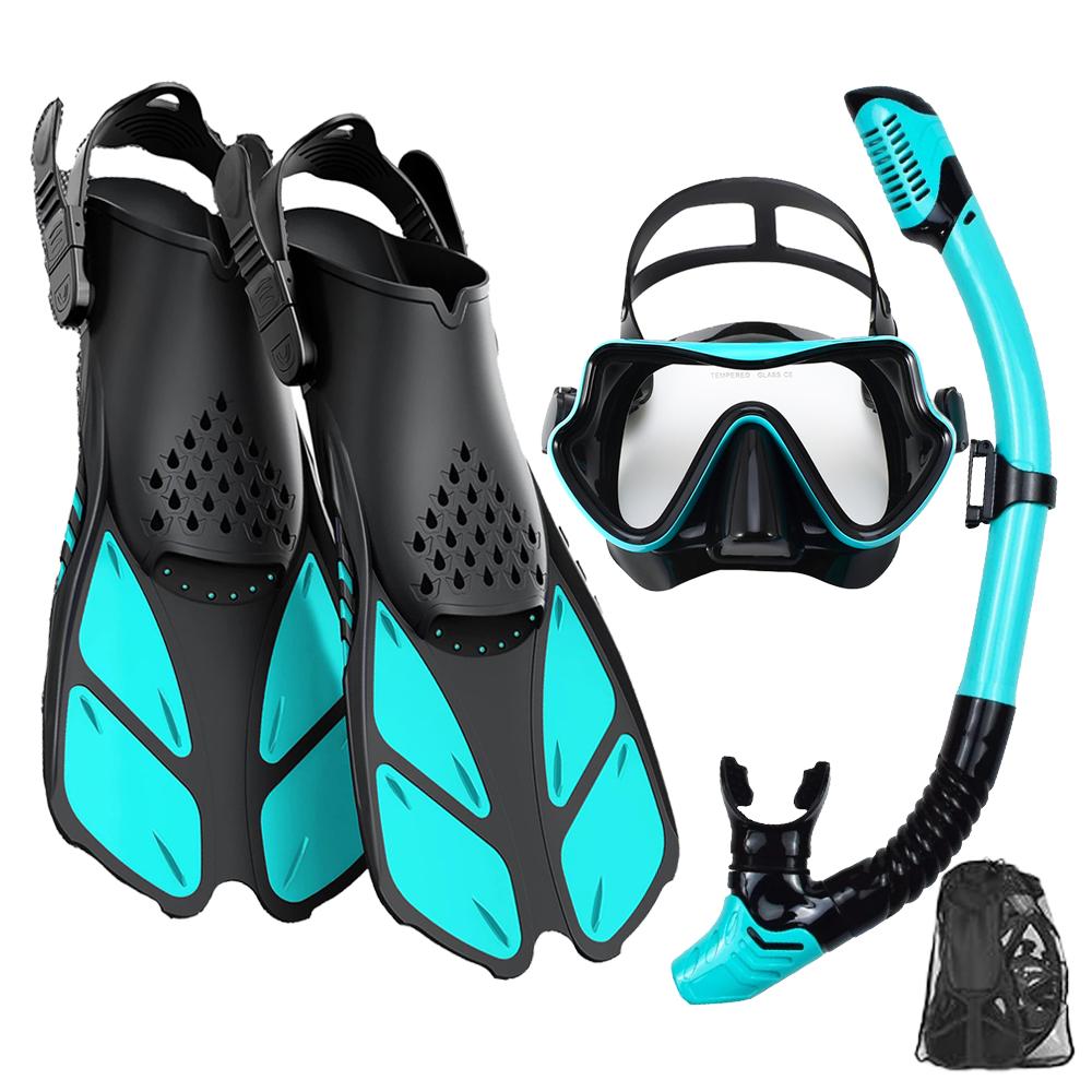 Masker Vinnen Snorkel Set, Snorkeluitrusting voor Volwassenen, Panoramisch Zicht Anti-Mist Snorkelmasker, Verstelbare Duikvinnen, Dry Top Snorkel