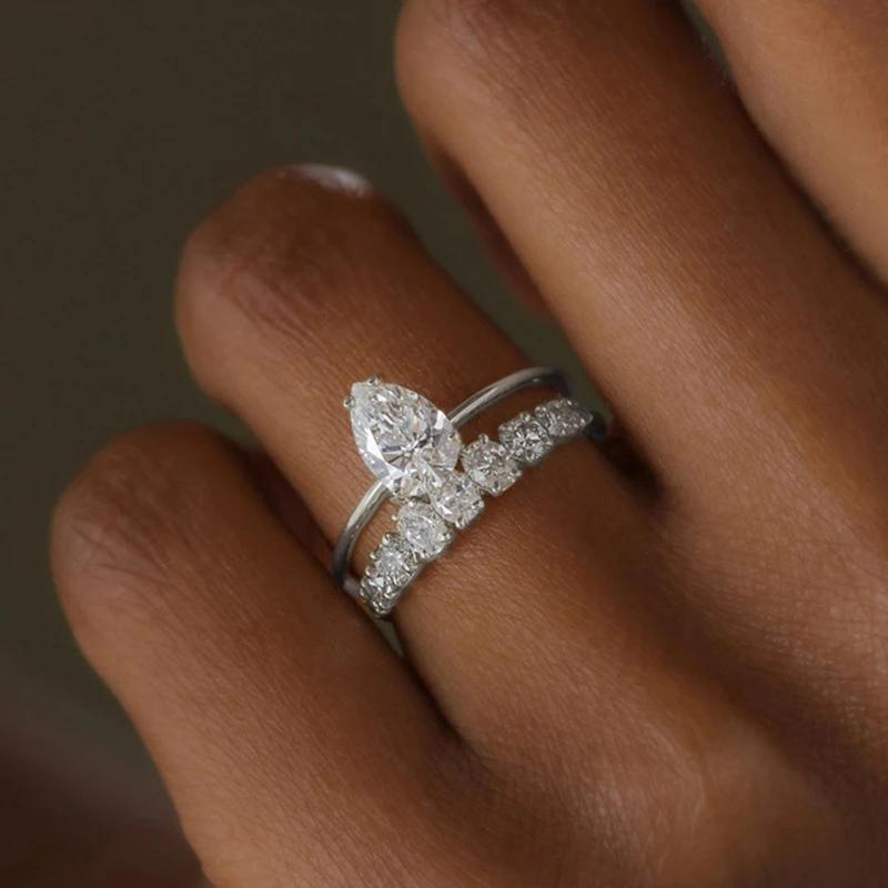 Huitan Noble 2Pc/Set Rings for Women Gorgeous Bright Pear Shaped Cubic Zirconia Accessories Charms Eternal Wedding  Set