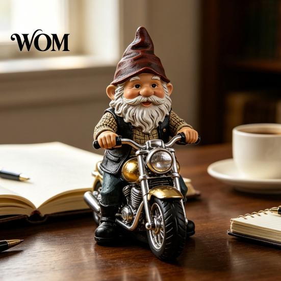 Dwarf Resin Sculpture Gnome Riding Retro Motorcycle Figurine, Motorbike Statue Miniature Sculpture, Ornament for Home Office Desk Bookshelf