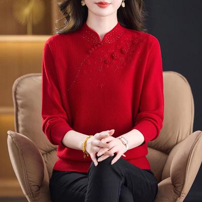 Mom's Stylish 100% Wool Winter Sweater - Elegant Chinese Design for Middle-Aged and Elderly Women