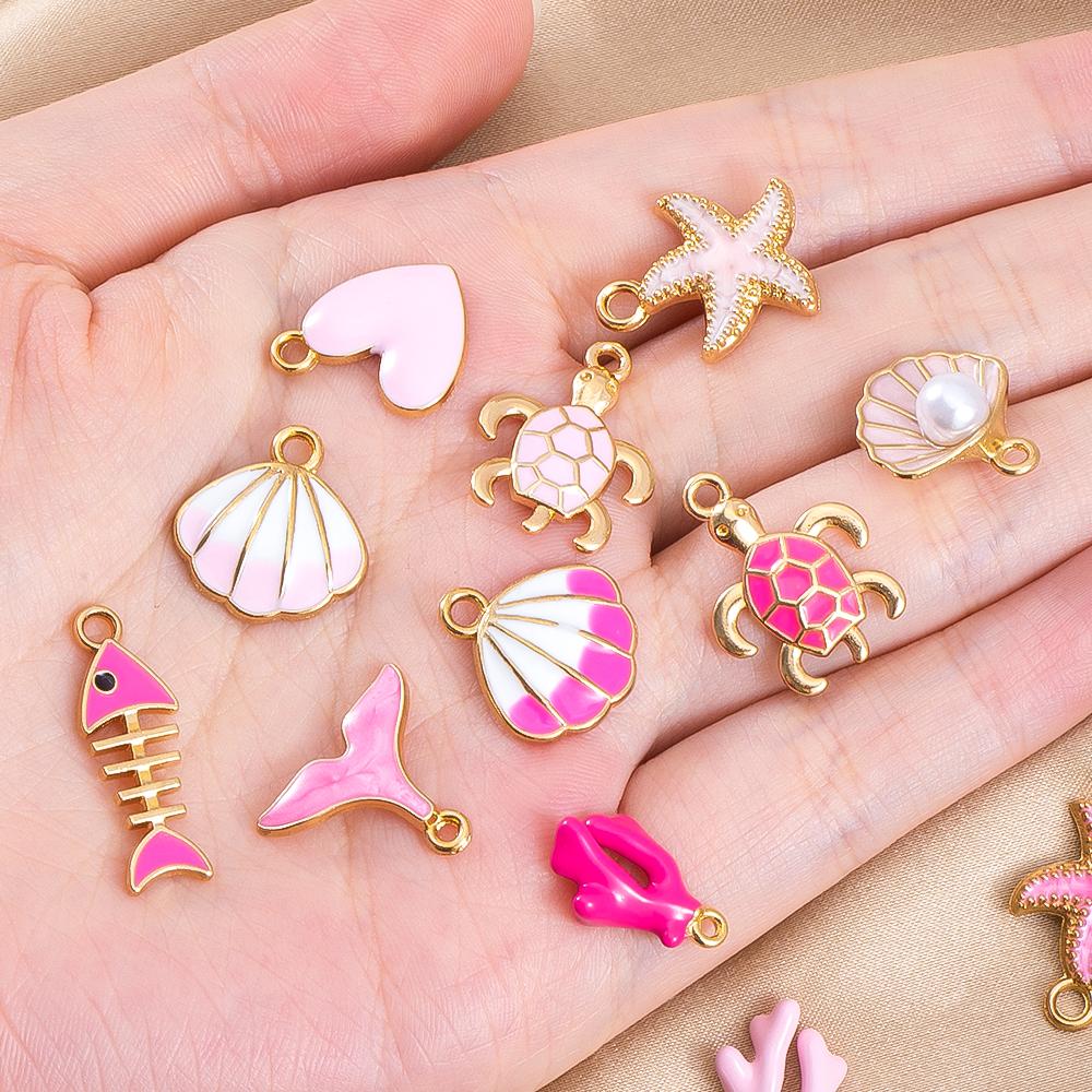10pcs Cute Green Purple Pink Enamel Ocean Crab Conch Fishtail Heart Charms Alloy Pendants DIY Necklace Bracelet Jewelry Findings