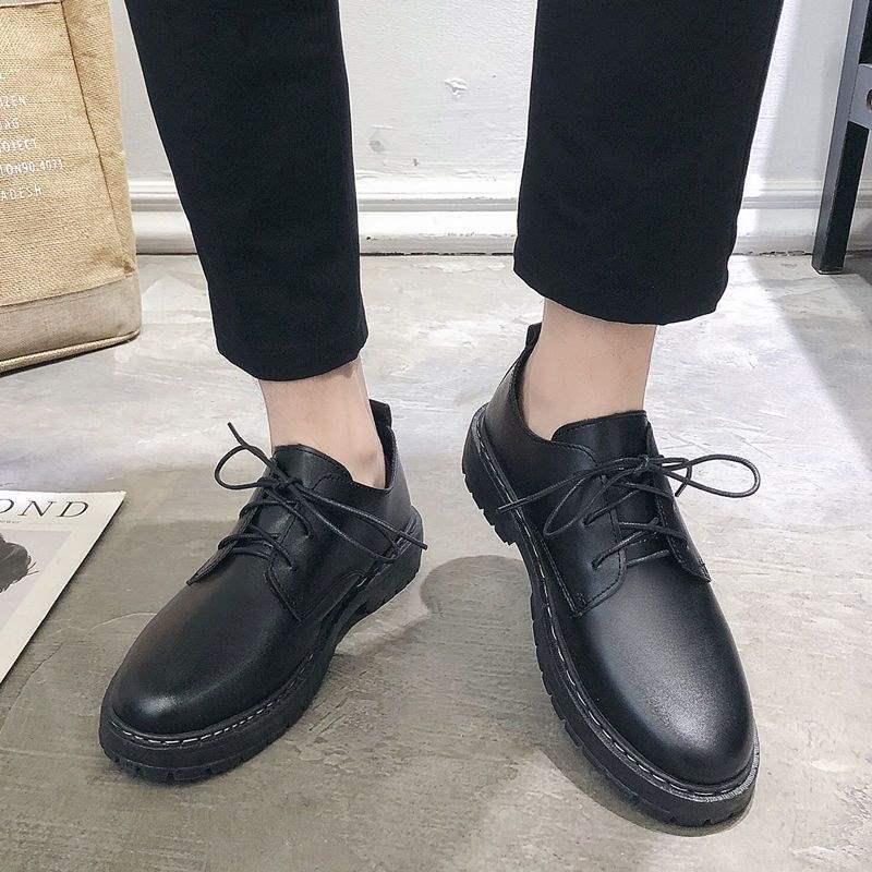 2025 Men's Black Round Toe Leather Shoes - British Style, Korean Trend, Formal & Casual