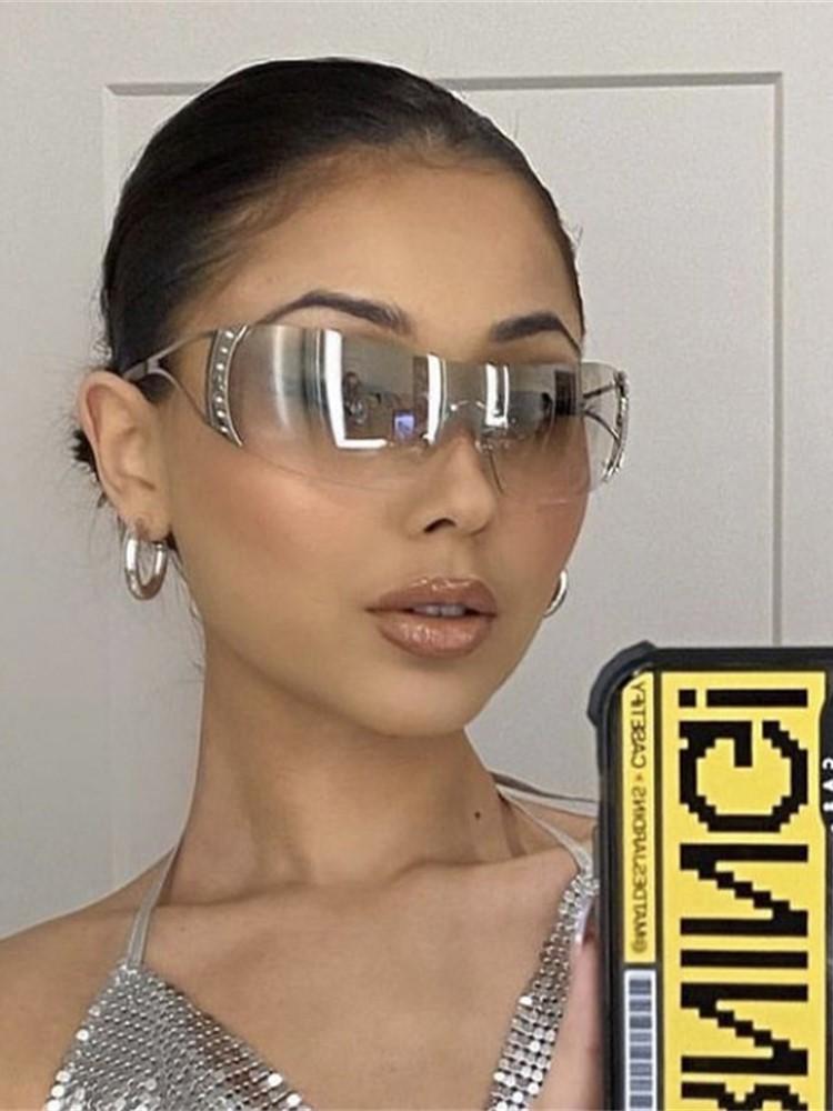 Cyberpunk Y2K Sunglasses Women Fashion Rimless One Piece Sun Glasses Men Vintage Shades 2000S Accessories 90S Gradient Glasses