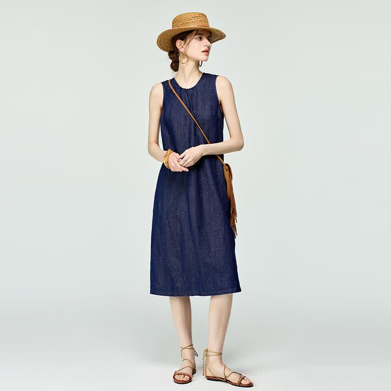 Women's Retro Denim Hemp Sleeveless Midi Dress