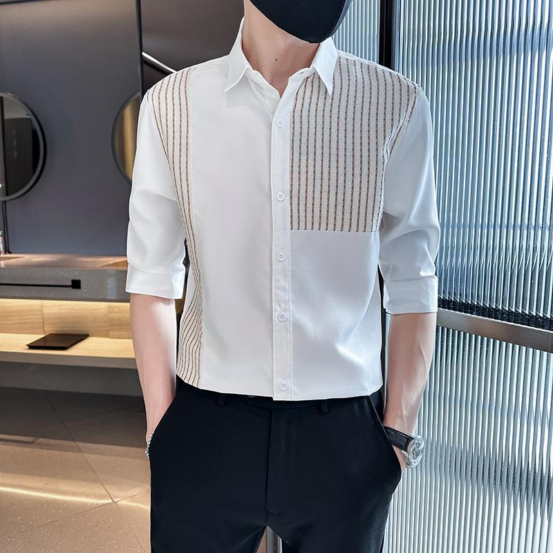 Spring and Autumn Korean Edition Trendy Polo Collar Stripe Block Color Light Mature Style Design Sense Three Quarter Shirt
