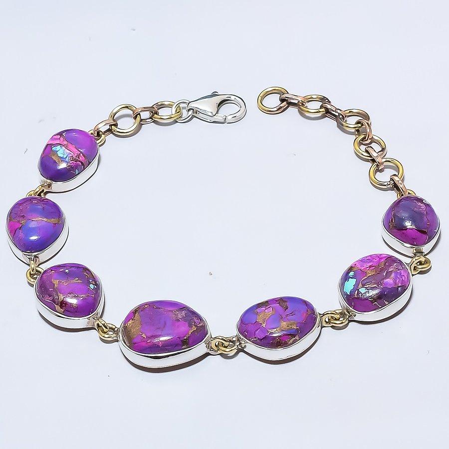Natural Copper Turquoise Gemstone 925 Sterling Silver TwoTone Bracelet 7-8" B1E39