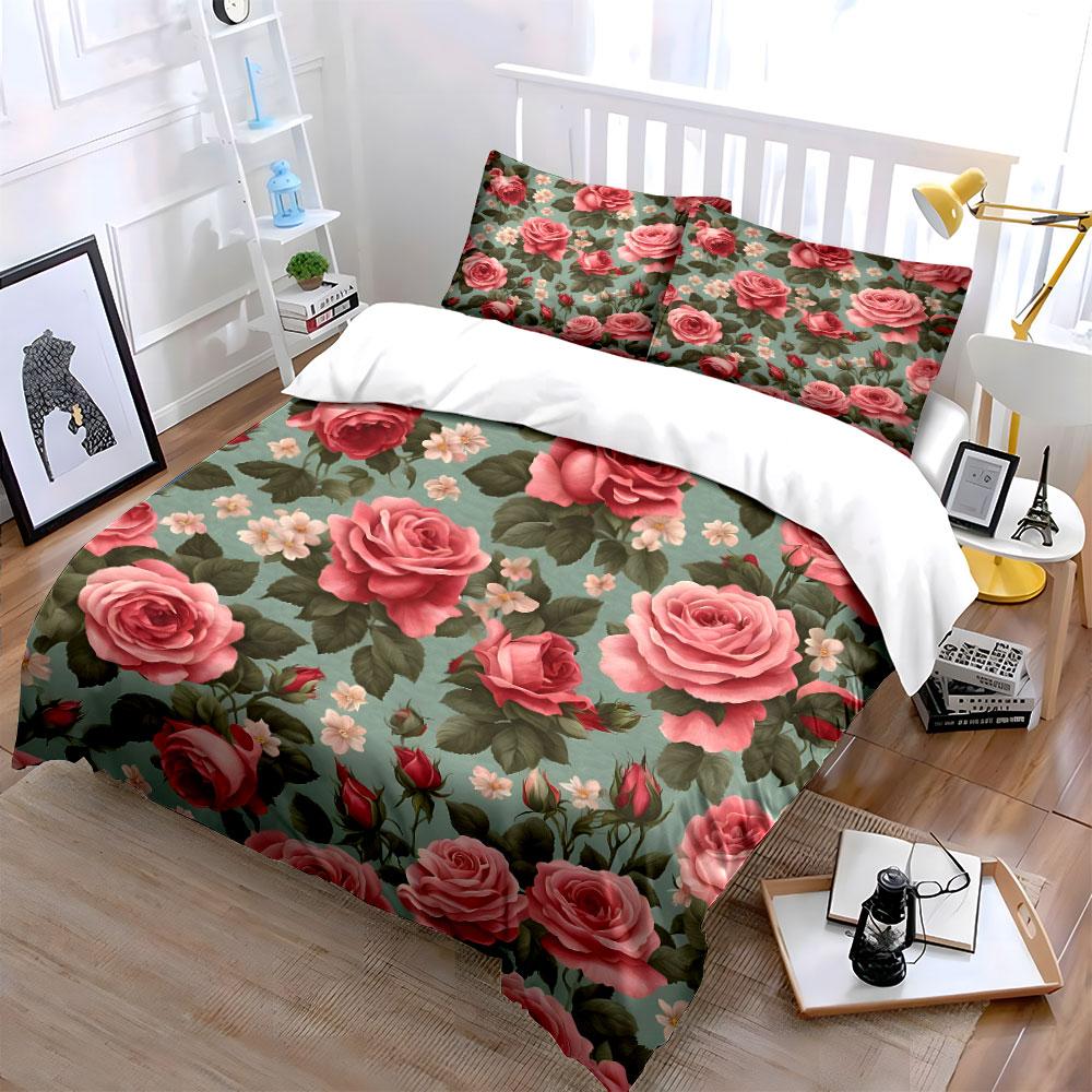 Pink Roses With Green Leaf Background Duvet Cover Set With 3D Printing Design Soft Polyester Bedding Set All-Season Comfort