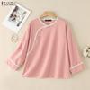 ZANZEA Women Lace Splice Round Neck Casual 3/4 Sleeve Cotton Blouse