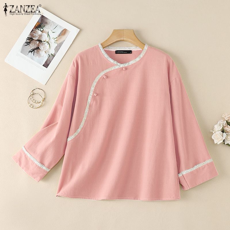 ZANZEA Women Lace Splice Round Neck Casual 3/4 Sleeve Cotton Blouse