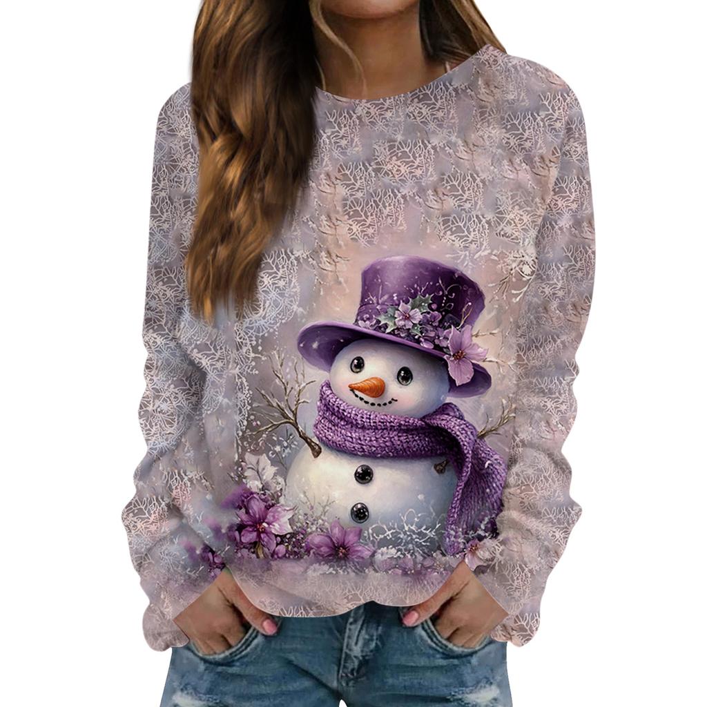 Dámské módní ležérní tričko s dlouhým rukávem s retro vánočním potiskem sněhuláka a kulatým výstřihem