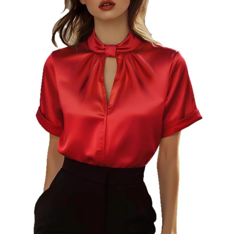 2026 Women's Popular Summer Solid Color Satin Short-Sleeve Top Commuting Shirt