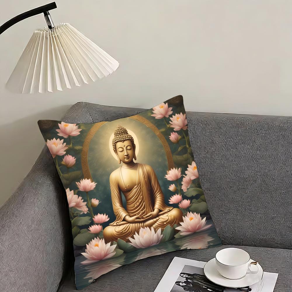 

Buddha Statue And Lotus Cushion Cover Pillowcase Ultra Soft Skin Friendly Fabric Cloud Like Comfort Concealed Zipper 30x30cm