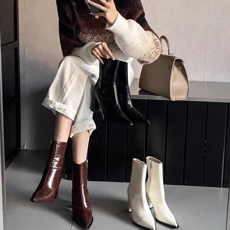 2025 autumn and winter new European and American fashion pointed short tube thick heel Martin boots women's thin boots patent leather high heel sho