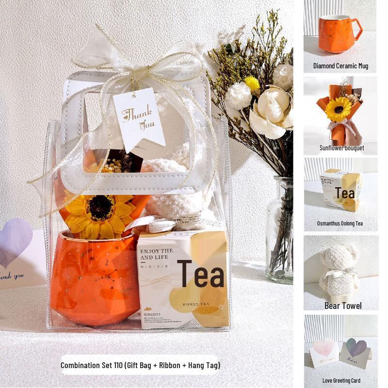 Gift Set with Ceramic Mug, Sunflower Bouquet, Tea & Bear Towel