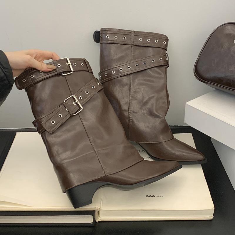 Hottie Belt Buckle Women Ankle Boots Fashion Pointed Toe Thick Heels Ladies Western Cowboy Booties