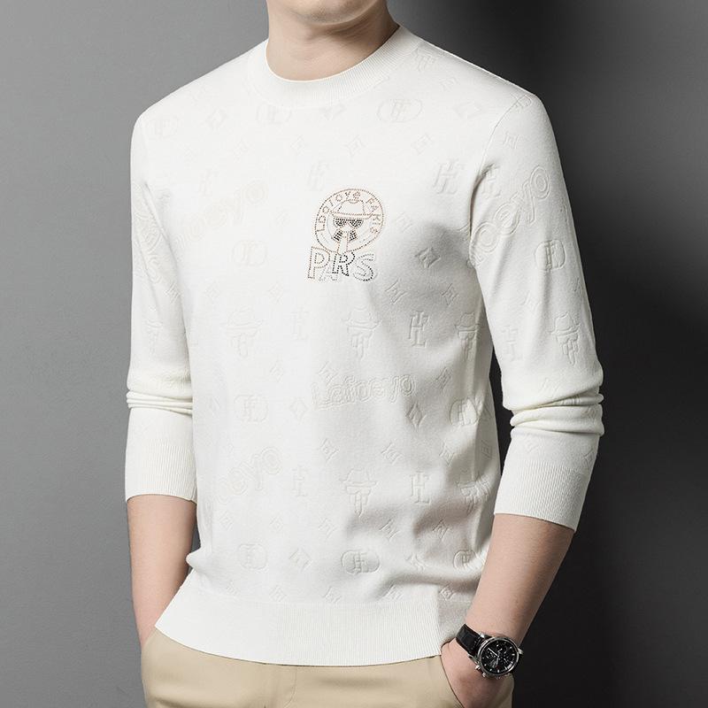 Men's Casual Light Jacquard Knitted Pullover Sweater - Long Sleeve, Round Neck (Autumn/Spring)