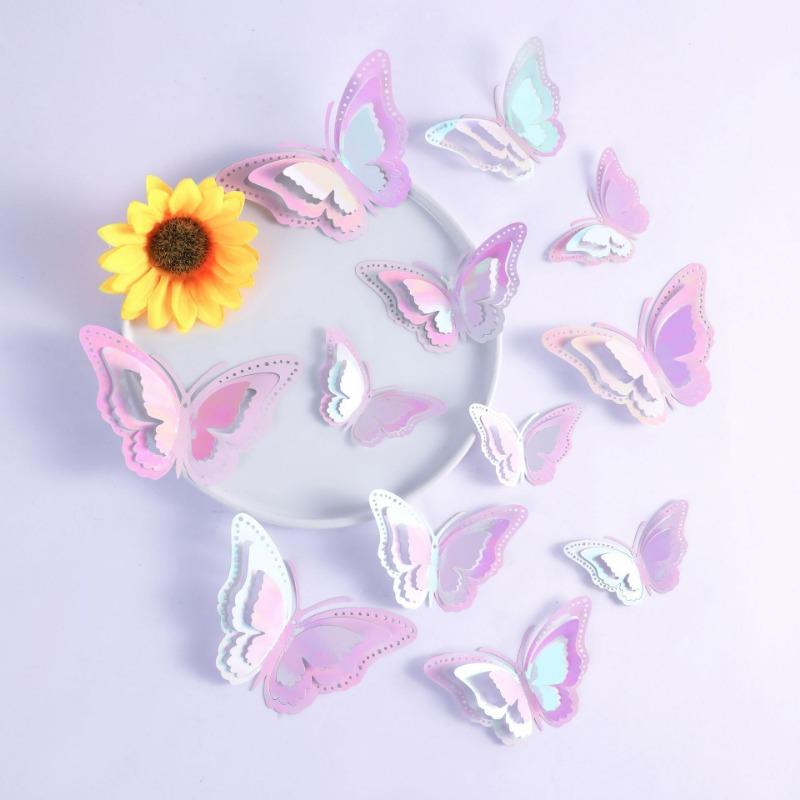 12PCS hollow butterfly 3D three-dimensional simulation butterfly bedroom living room festival party decoration imitation metal texture accessories
