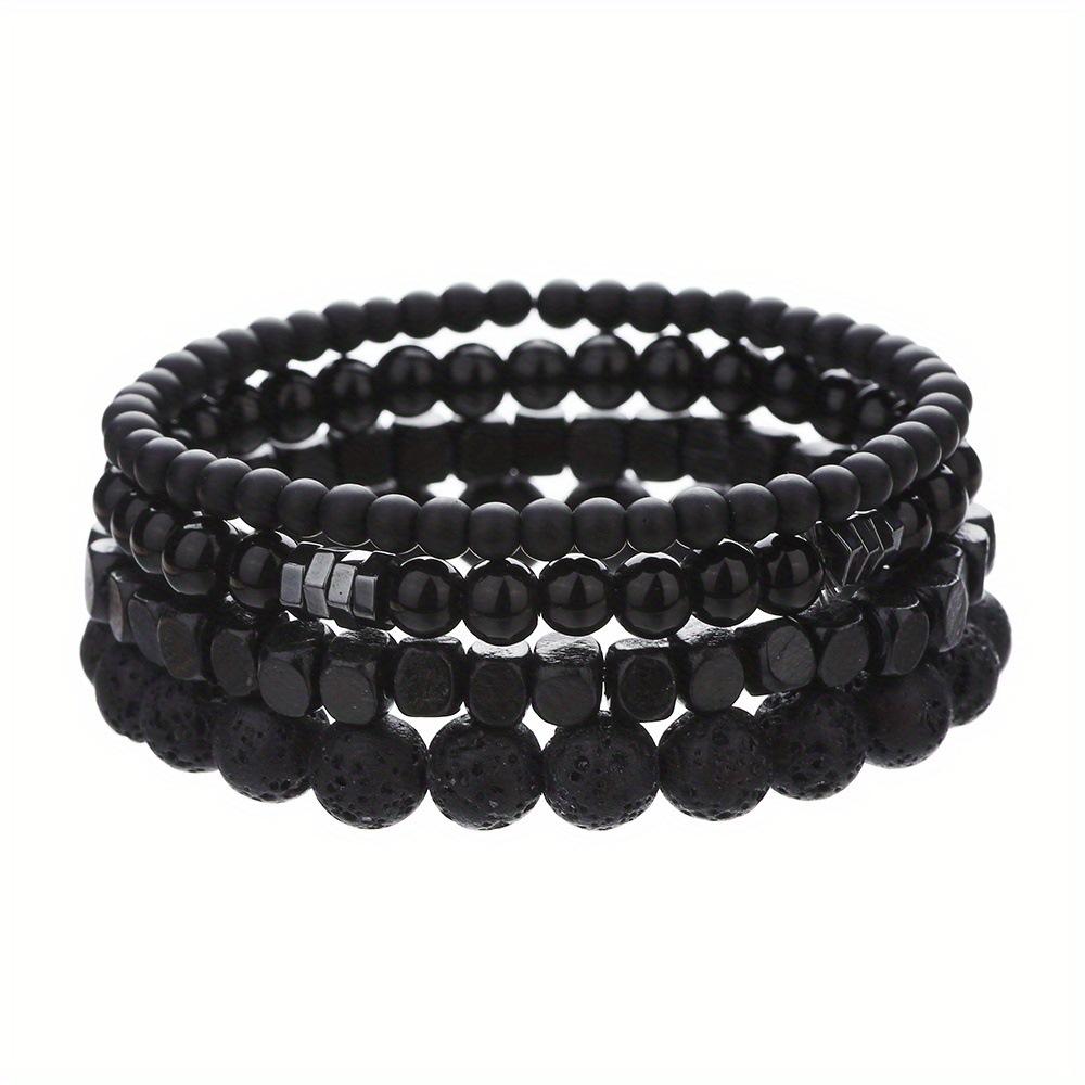 4Pcs/Set Black Gall Stone Volcanic Stone Wood Beads Multi-layer Men's Combination Elastic Bracelet For Couple Friends Jewelry