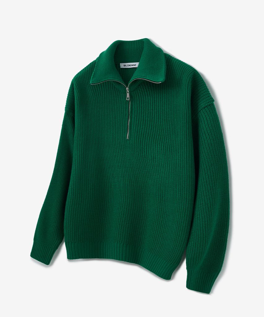 BLOND9 Half Zip Rib Knit Top_Green