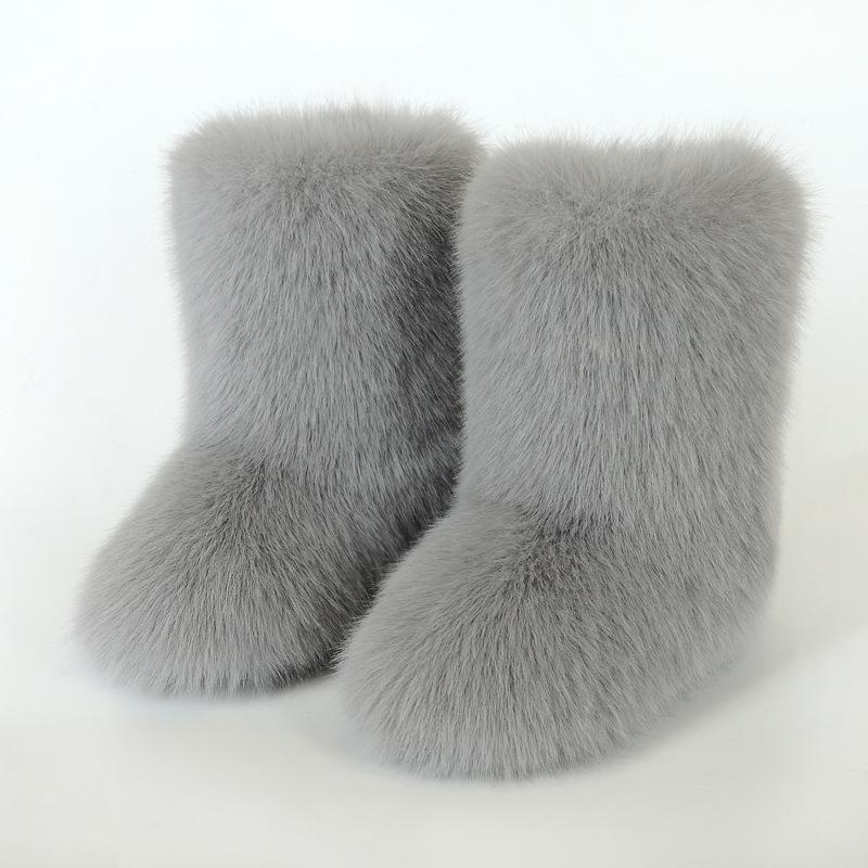 Mao Mao Stiefel Damen Warm Rutschfest Imitation Fuchs Mittelhoher Schaft Imitation Waschbärfell Winter Schneestiefel