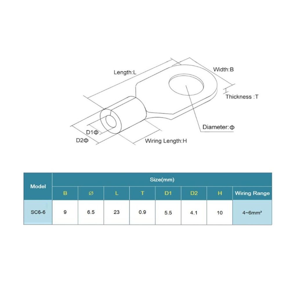 50Pcs SC6-6 Copper Ring Lug Terminal Pure Copper Cold-Pressed Wire Cable Crimp Connector Gold Color