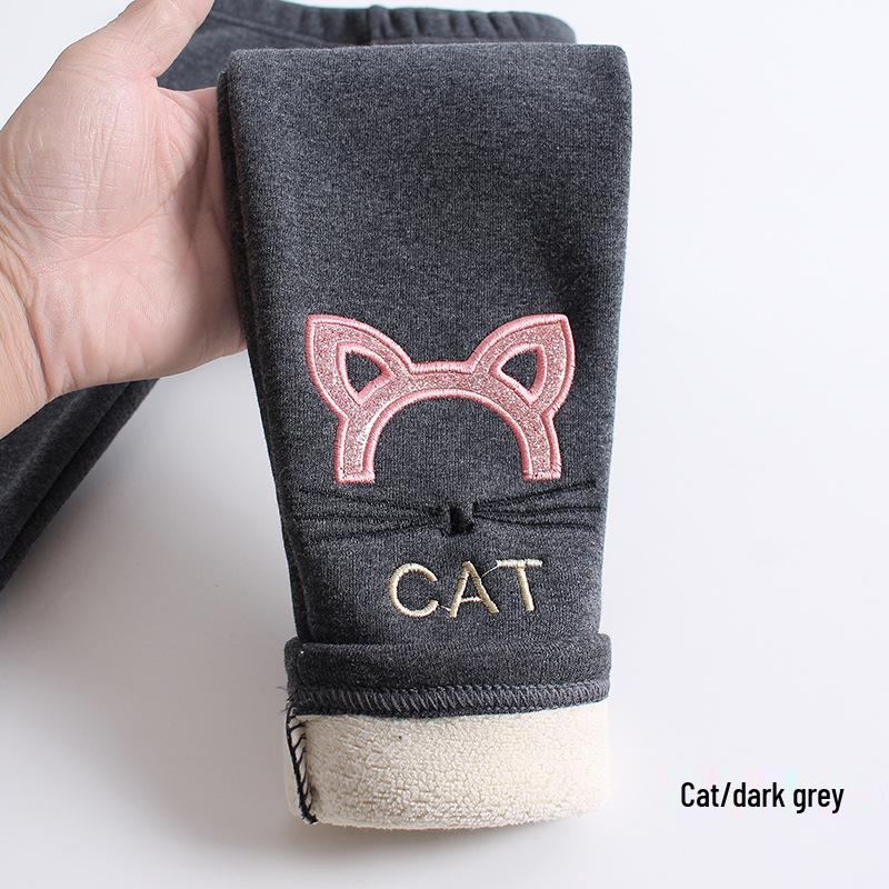 Girls' Winter Fleece-Lined Cotton Leggings with Rabbit Embroidery